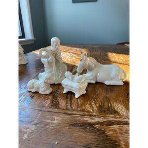 Centurion Bisque Nativity Shepherd Sheep Donkey & Baby Jesus Figurines Gold Acce